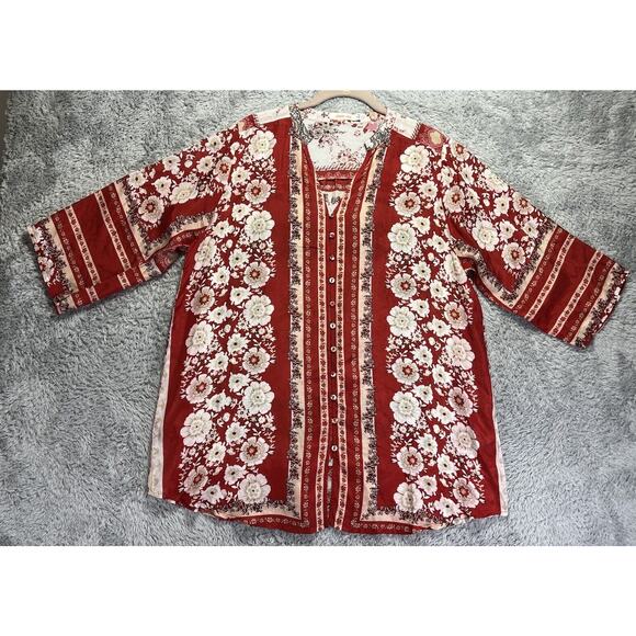 Johnny Was Tops - Johnny Was Top Womens Medium 100% Silk Red White Floral Top Buttons Peasant Boho